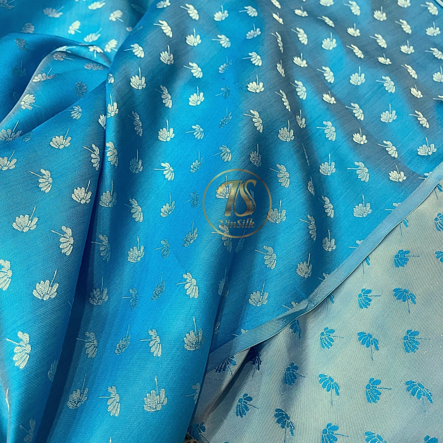 Sky blue fabric with mulberry dandelion pattern, Pure mulberry silk, Handmade fabric, Organic fiber