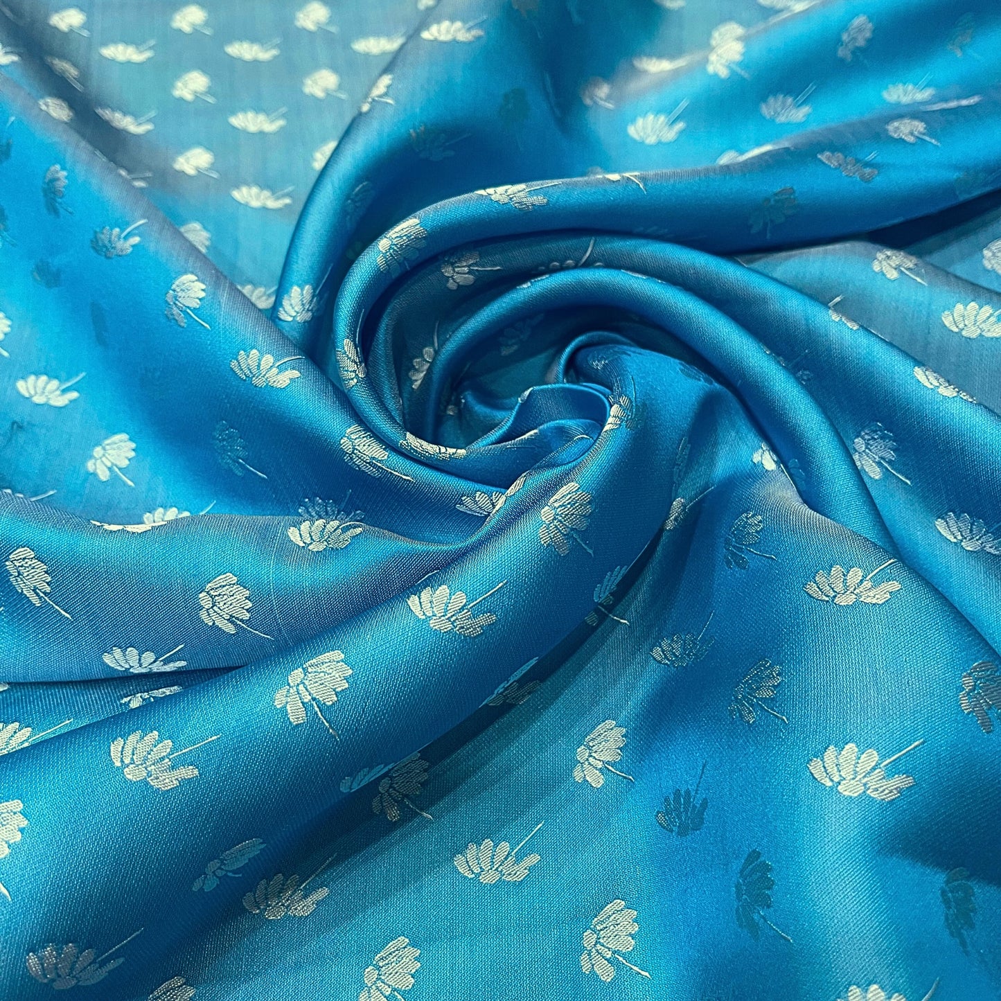 Sky blue fabric with mulberry dandelion pattern, Pure mulberry silk, Handmade fabric, Organic fiber
