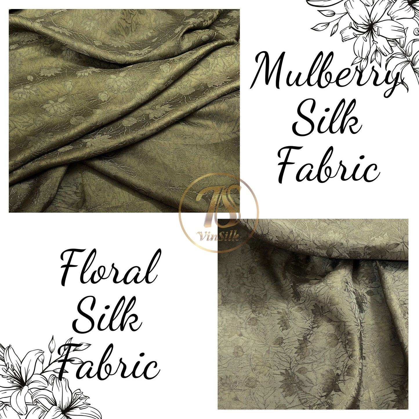 moss green stone lotus silk pattern fabric, Pure mulberry silk, Handmade fabric, Organic fiber, Vintage textile, Dress making, Gift for women, Silk dress