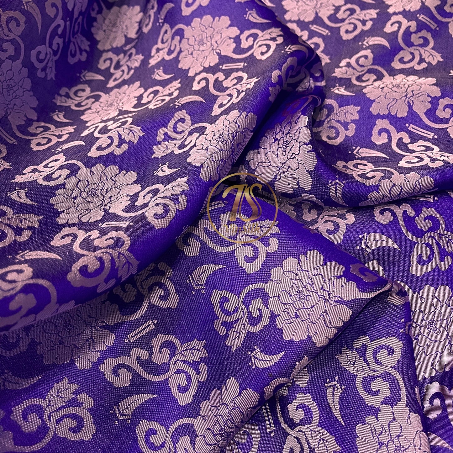Purple silk with pink flower pattern, Floral silk fabric, Pure mulberry silk, Handmade fabric, Organic fiber