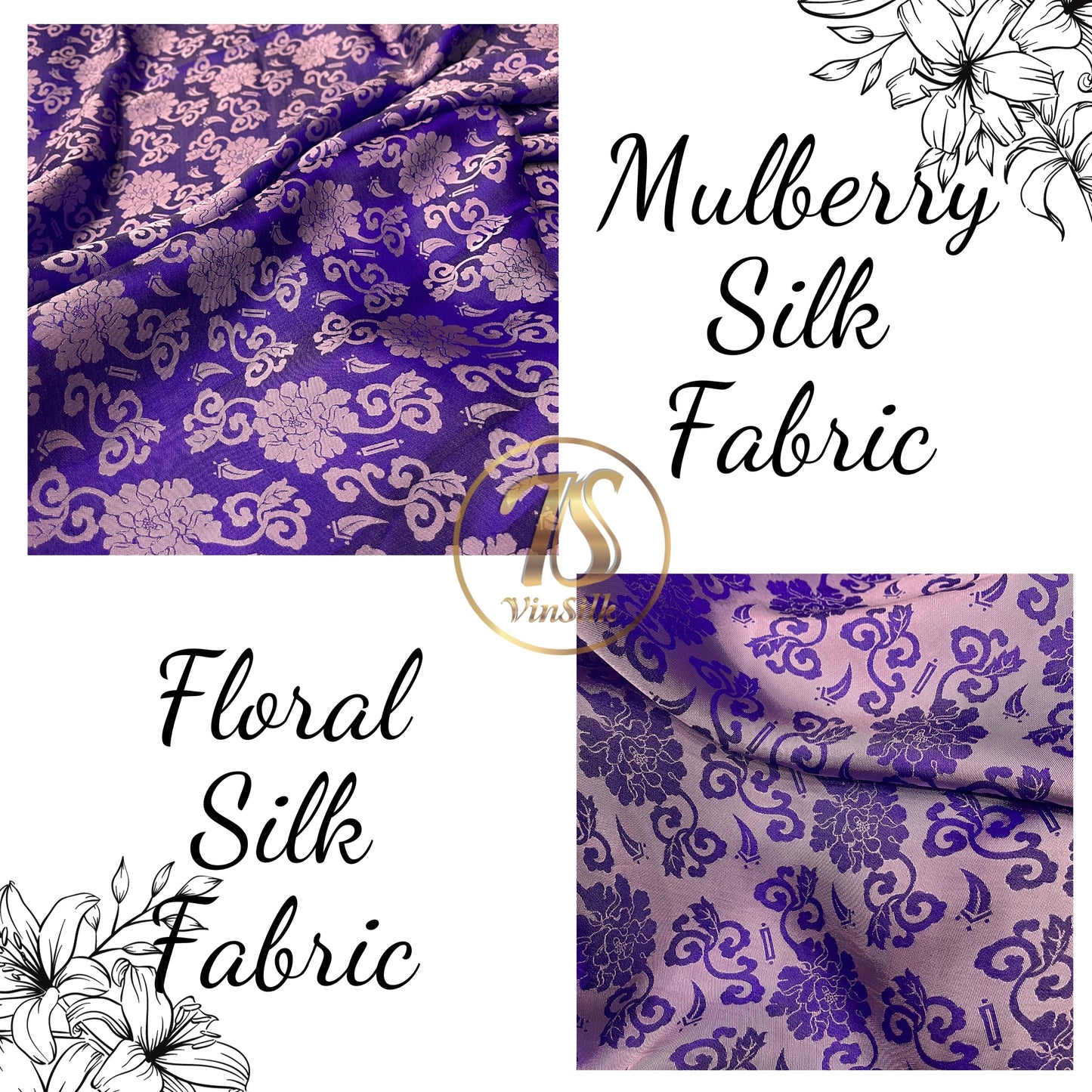 Purple silk with pink flower pattern, Floral silk fabric, Pure mulberry silk, Handmade fabric, Organic fiber