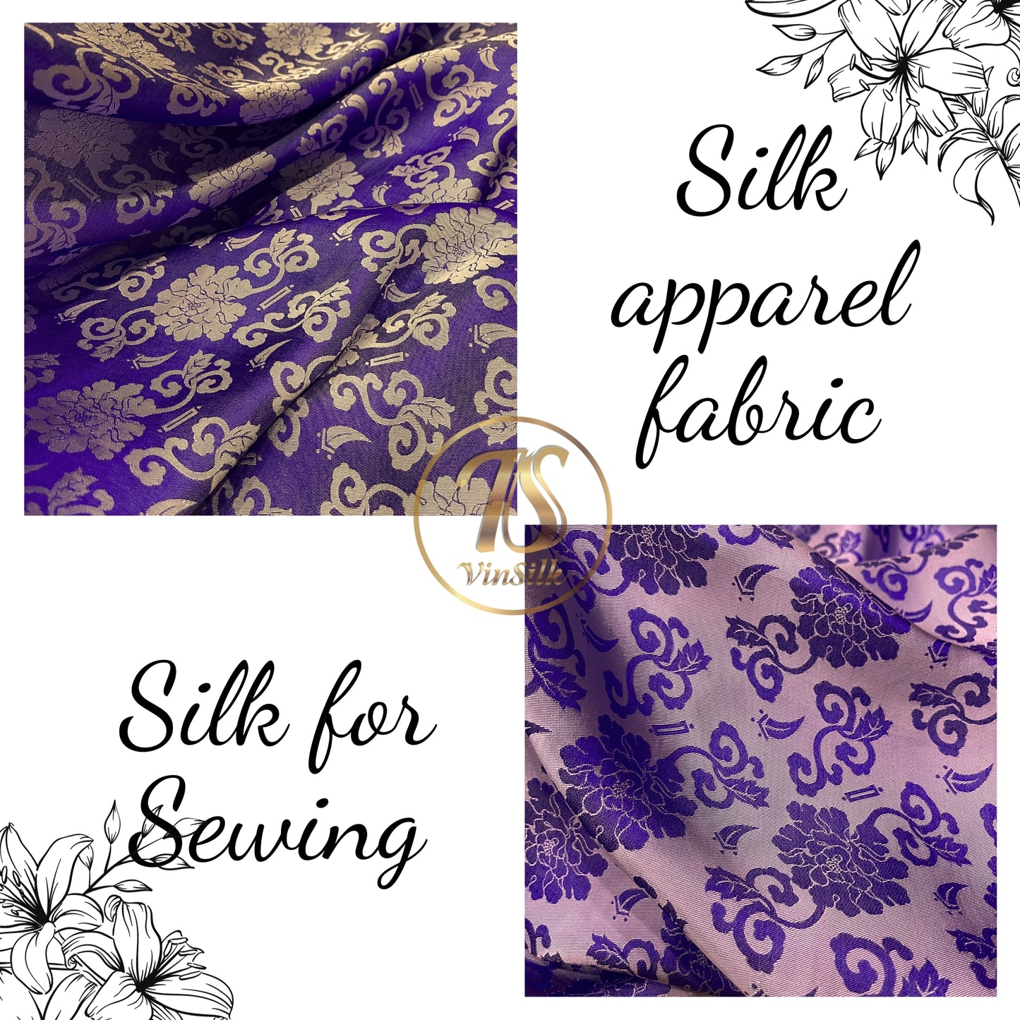 Purple silk with pink flower pattern, Floral silk fabric, Pure mulberry silk, Handmade fabric, Organic fiber