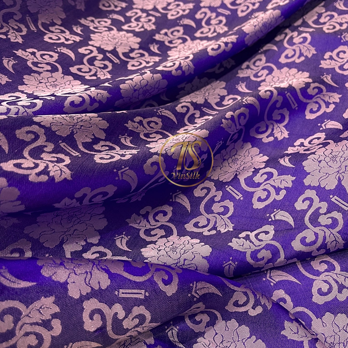 Purple silk with pink flower pattern, Floral silk fabric, Pure mulberry silk, Handmade fabric, Organic fiber
