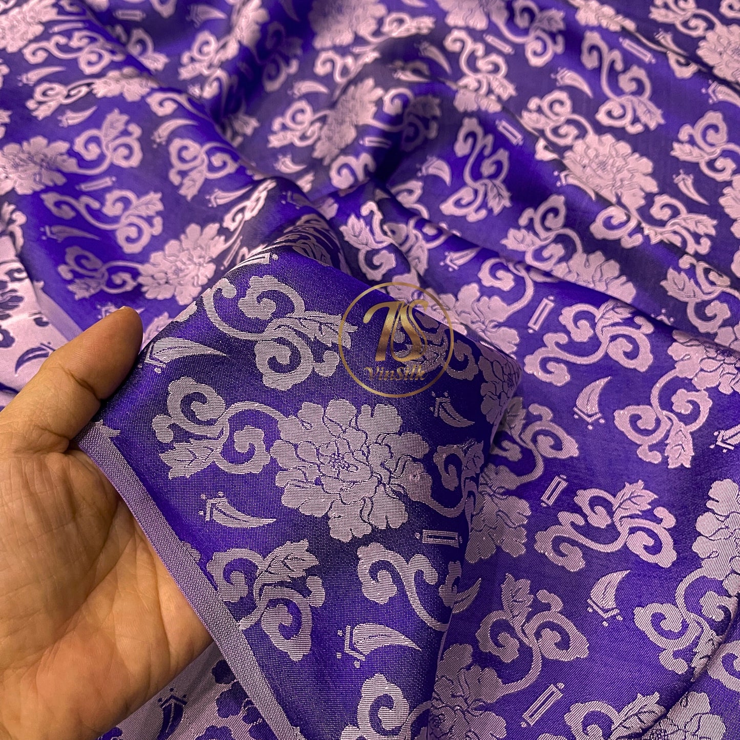 Purple silk with pink flower pattern, Floral silk fabric, Pure mulberry silk, Handmade fabric, Organic fiber