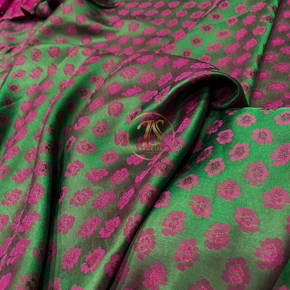 PURE MULBERRY SILK fabric by the yard, handmade fabric, Organic fiber, green silk with purple floral pattern, Wedding dress, Gift for women, personalized gift