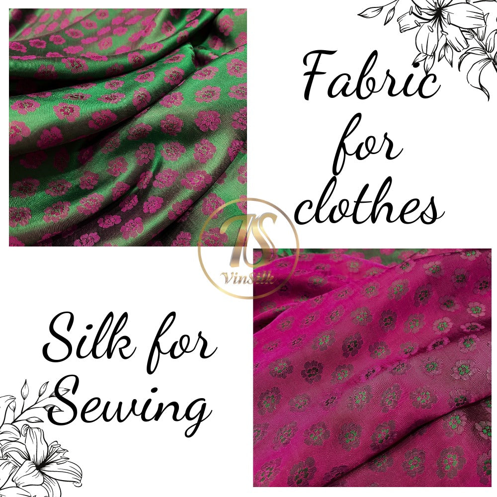 PURE MULBERRY SILK fabric by the yard, handmade fabric, Organic fiber, green silk with purple floral pattern, Wedding dress, Gift for women, personalized gift