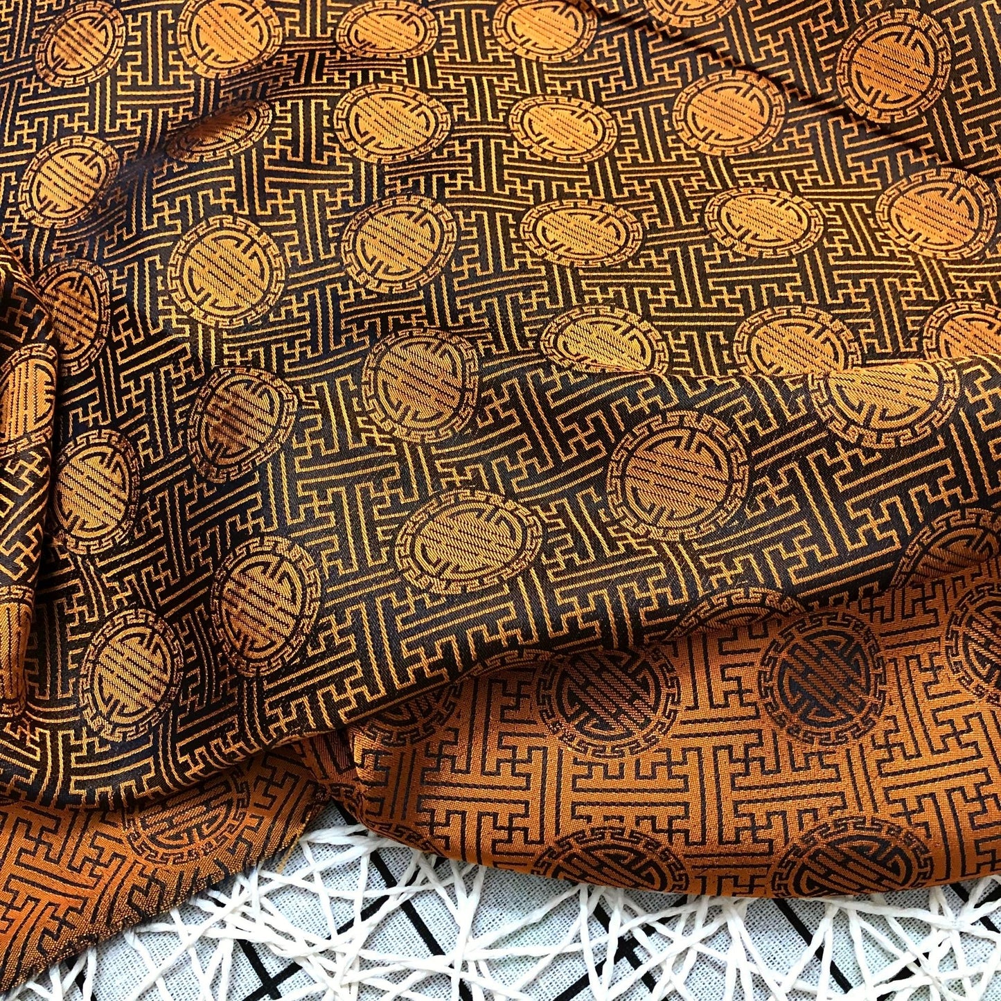 Yellow brown silk with chiness seal pattern, Floral silk fabric, Pure mulberry silk, Handmade fabric, Organic fiber