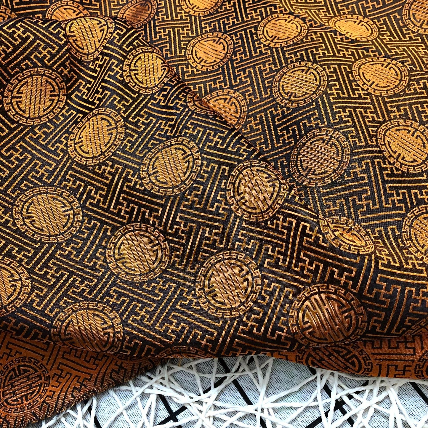 Yellow brown silk with chiness seal pattern, Floral silk fabric, Pure mulberry silk, Handmade fabric, Organic fiber