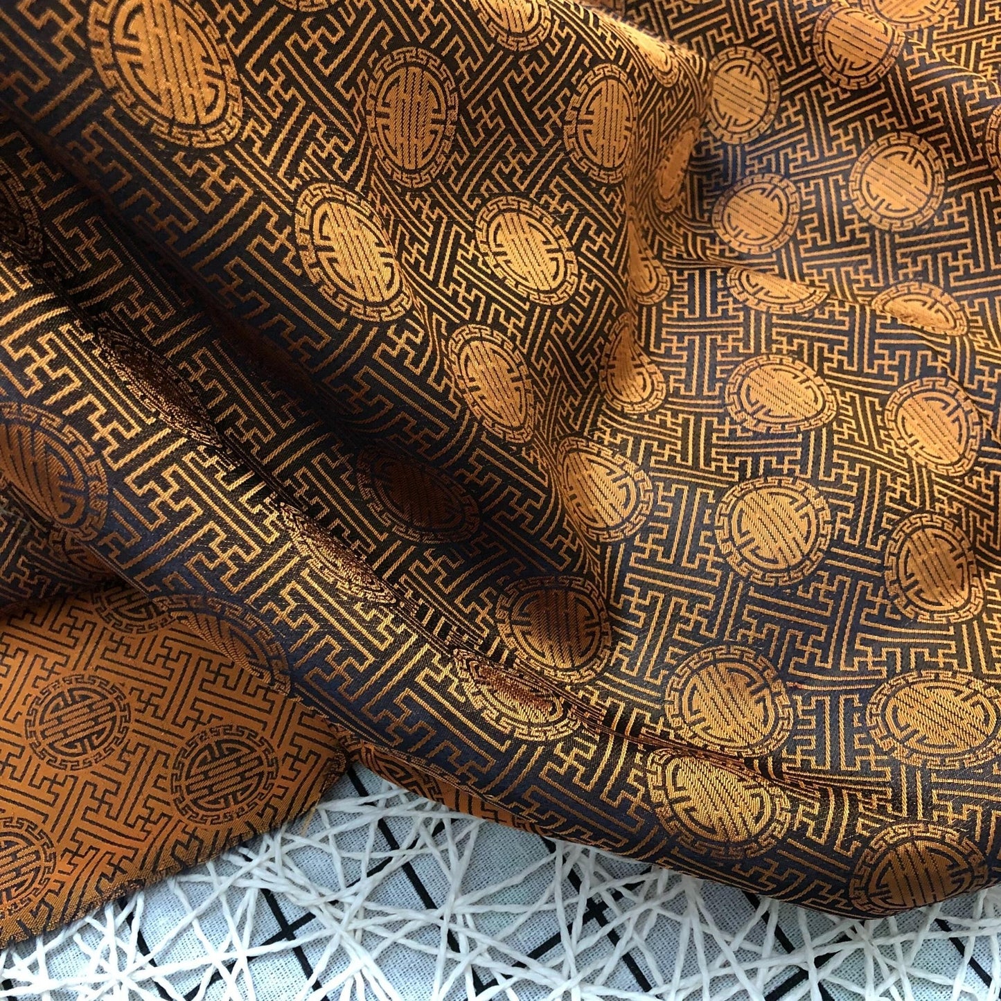 Yellow brown silk with chiness seal pattern, Floral silk fabric, Pure mulberry silk, Handmade fabric, Organic fiber