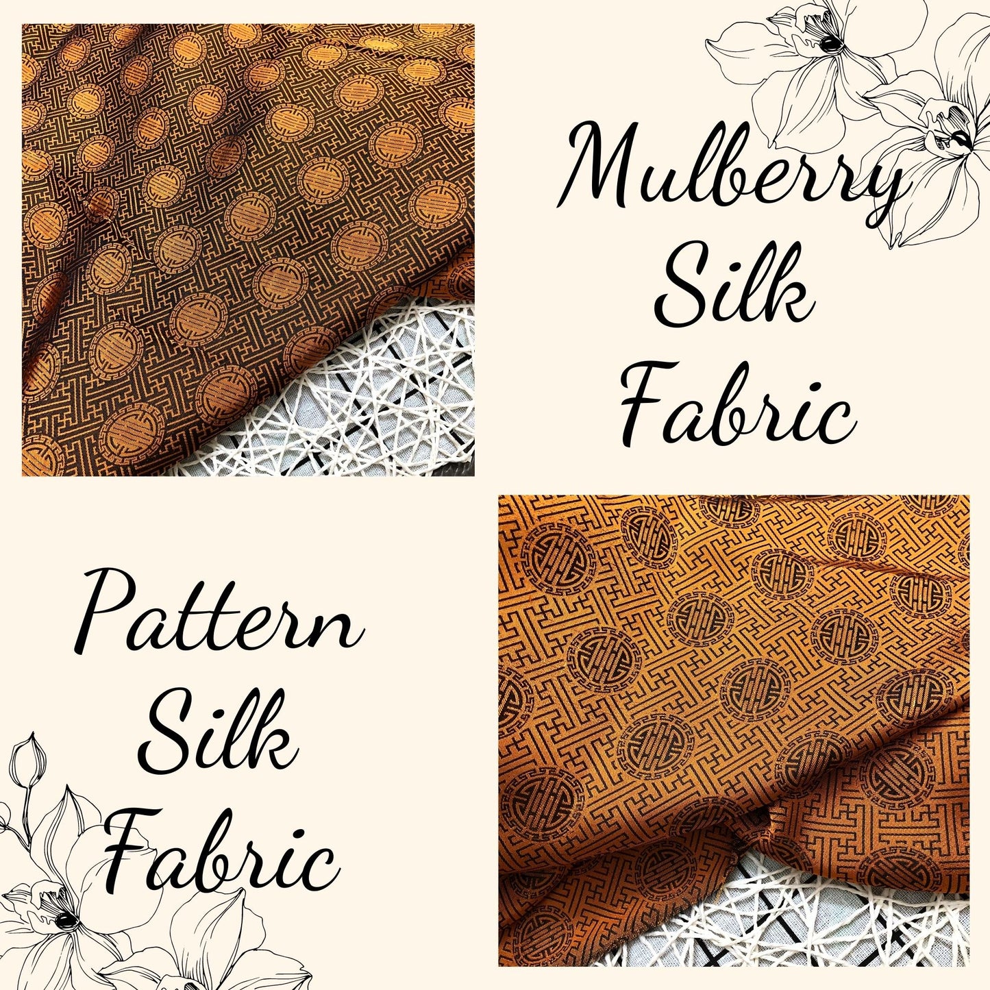 Yellow brown silk with chiness seal pattern, Floral silk fabric, Pure mulberry silk, Handmade fabric, Organic fiber