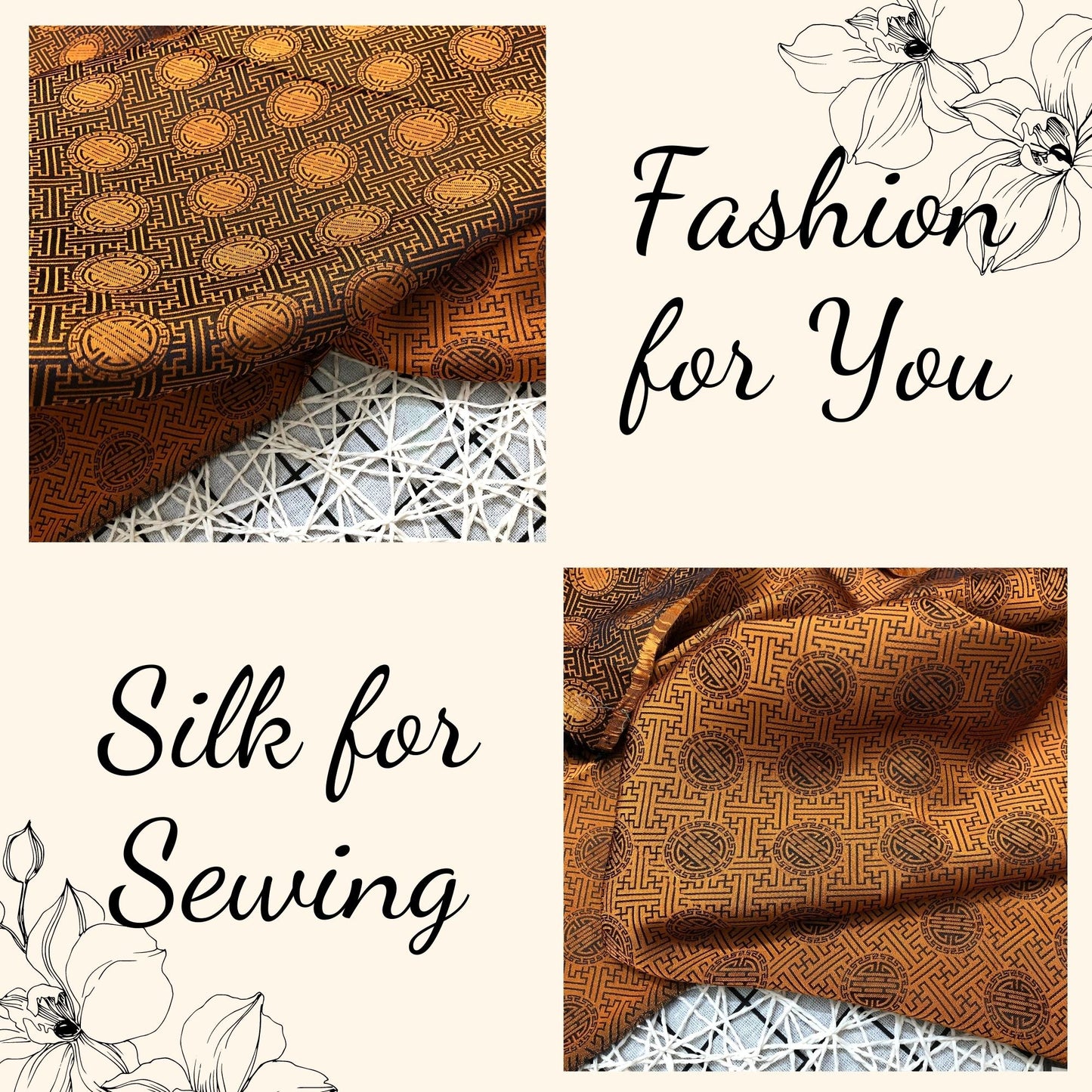 Yellow brown silk with chiness seal pattern, Floral silk fabric, Pure mulberry silk, Handmade fabric, Organic fiber