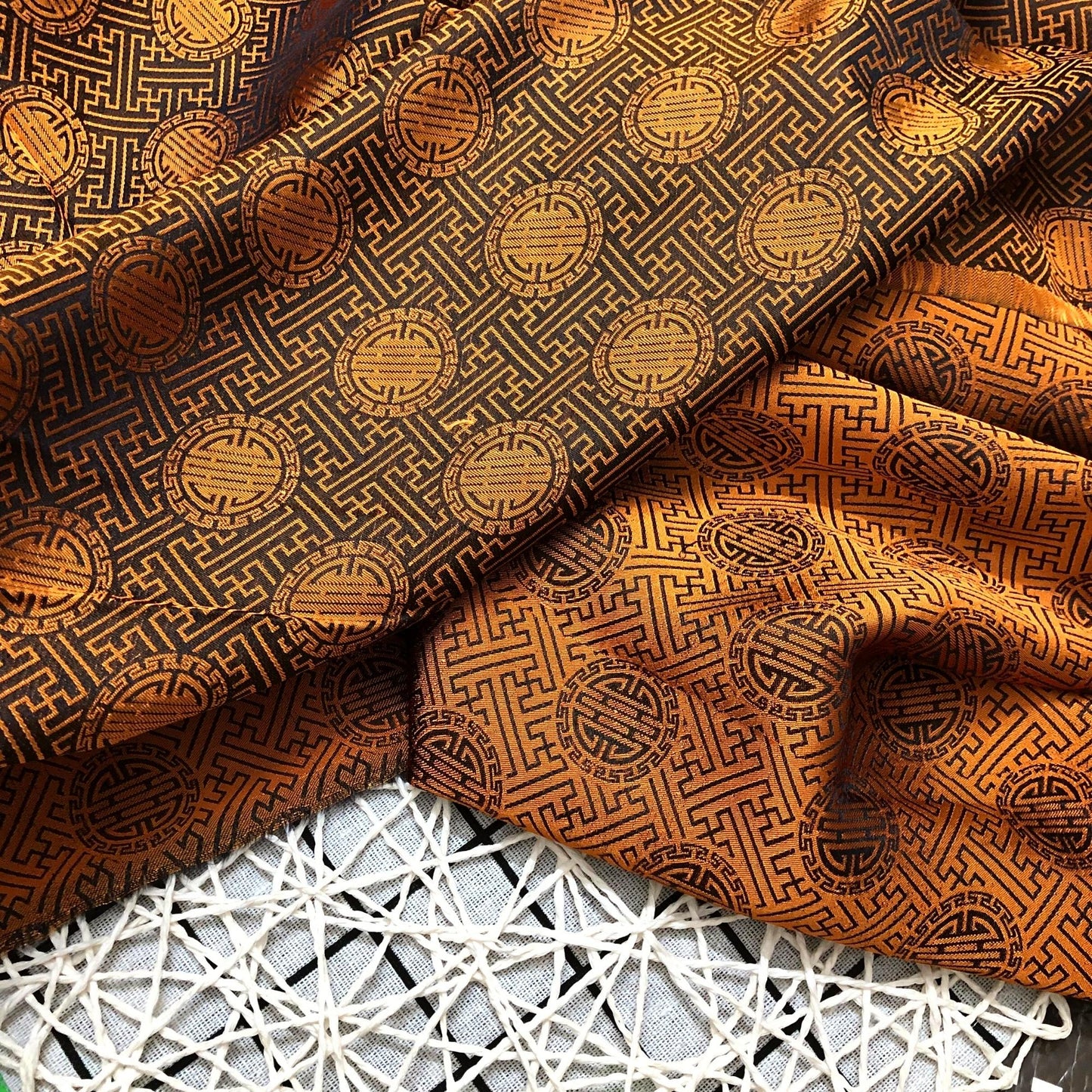 Yellow brown silk with chiness seal pattern, Floral silk fabric, Pure mulberry silk, Handmade fabric, Organic fiber