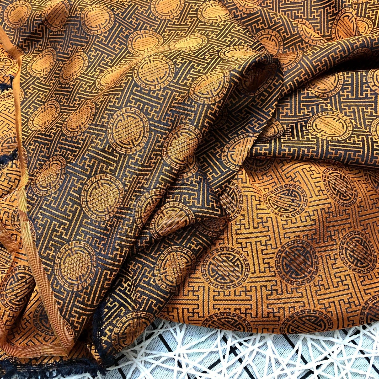 Yellow brown silk with chiness seal pattern, Floral silk fabric, Pure mulberry silk, Handmade fabric, Organic fiber