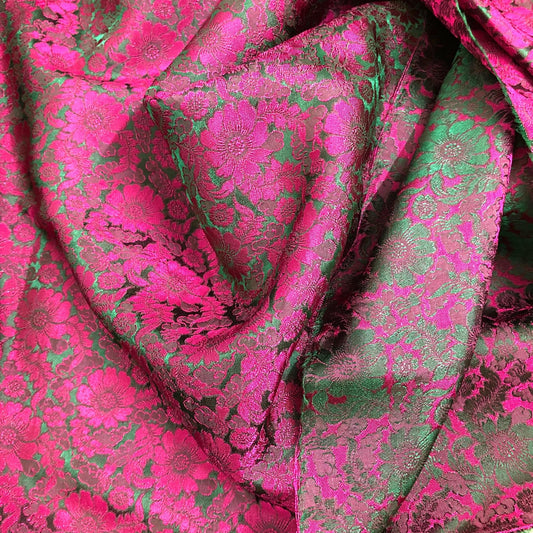 Green silk with Pink Chrysanthemum pattern - Silk for sewing