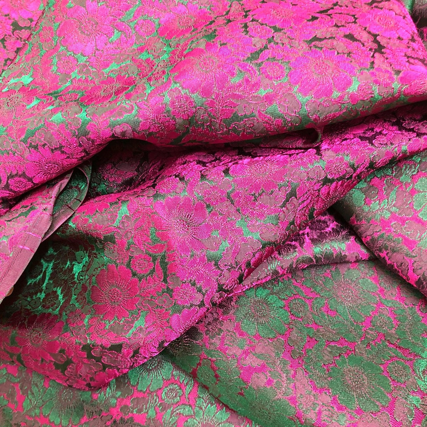 Green silk with Pink Chrysanthemum pattern - Silk for sewing
