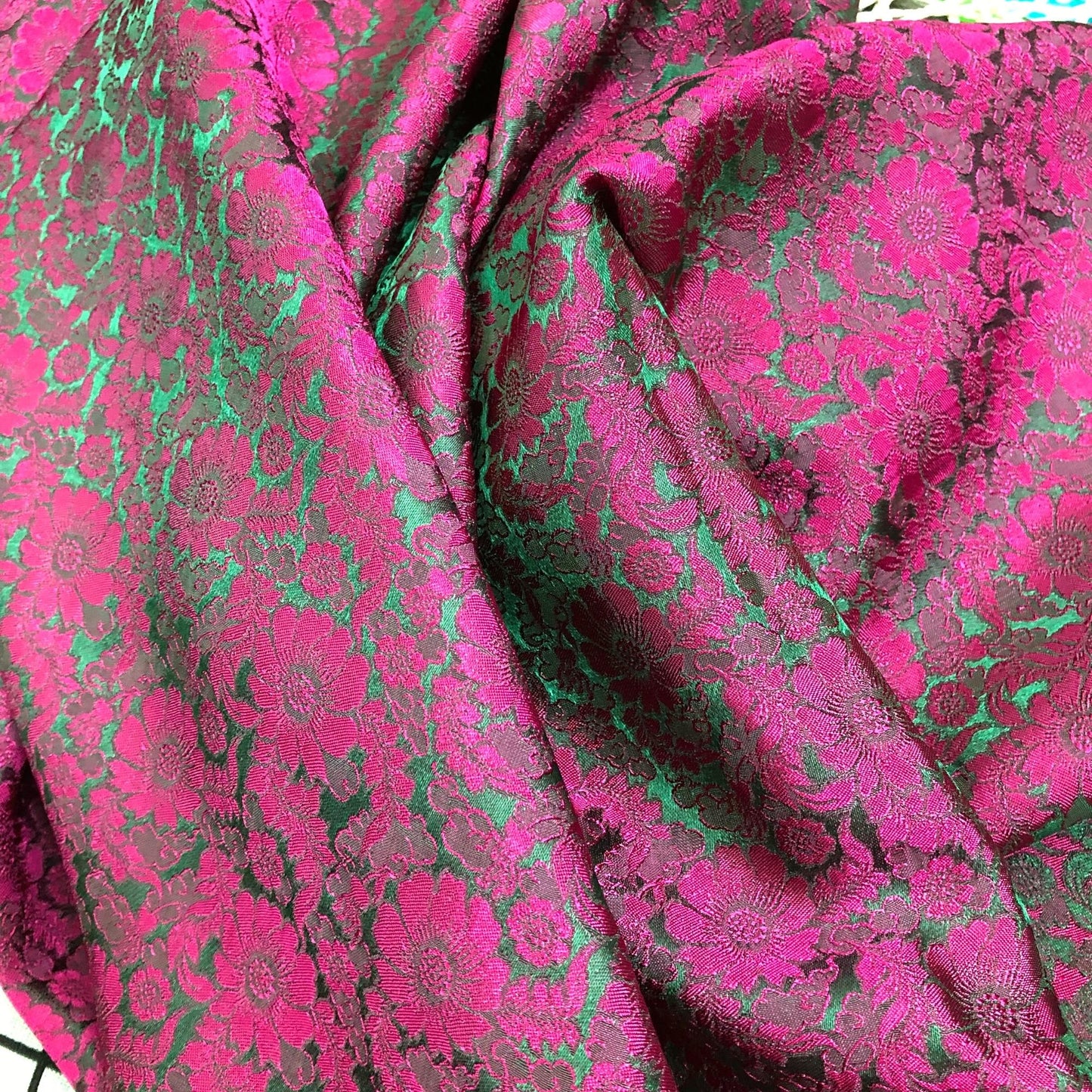 Green silk with Pink Chrysanthemum pattern - Silk for sewing - Handmade silk fabric