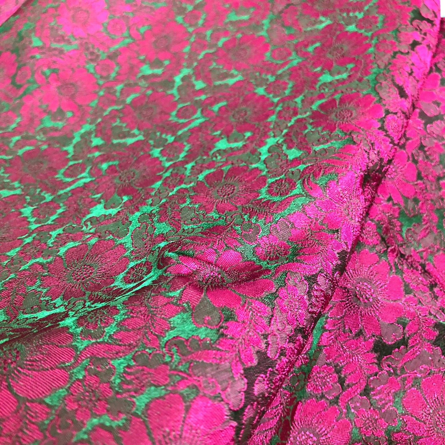 Green silk with Pink Chrysanthemum pattern - Silk for sewing - Handmade silk fabric