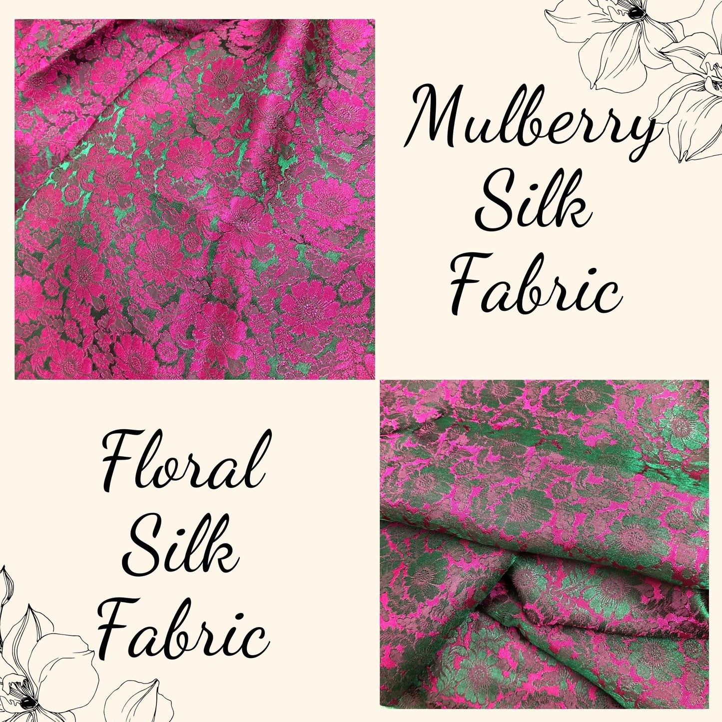 Green silk with Pink Chrysanthemum pattern - Silk for sewing