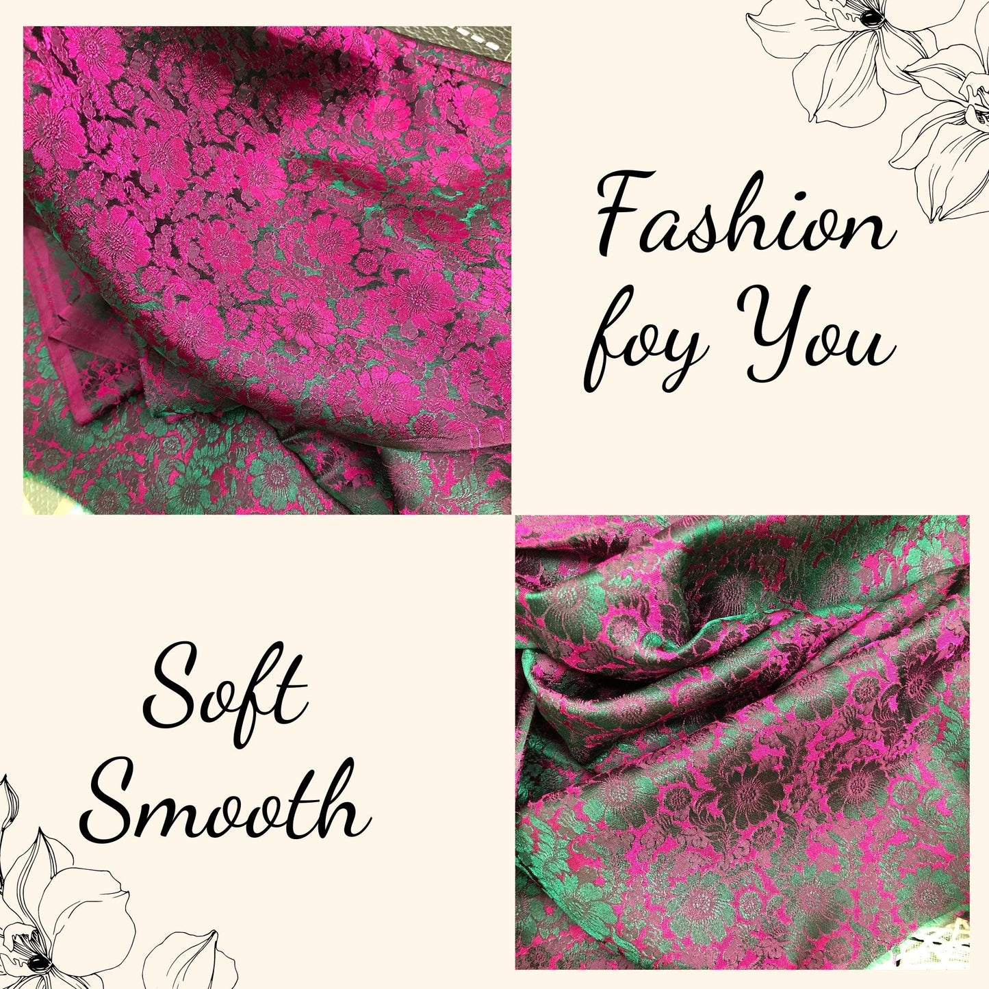 Green silk with Pink Chrysanthemum pattern - Silk for sewing - Handmade silk fabric