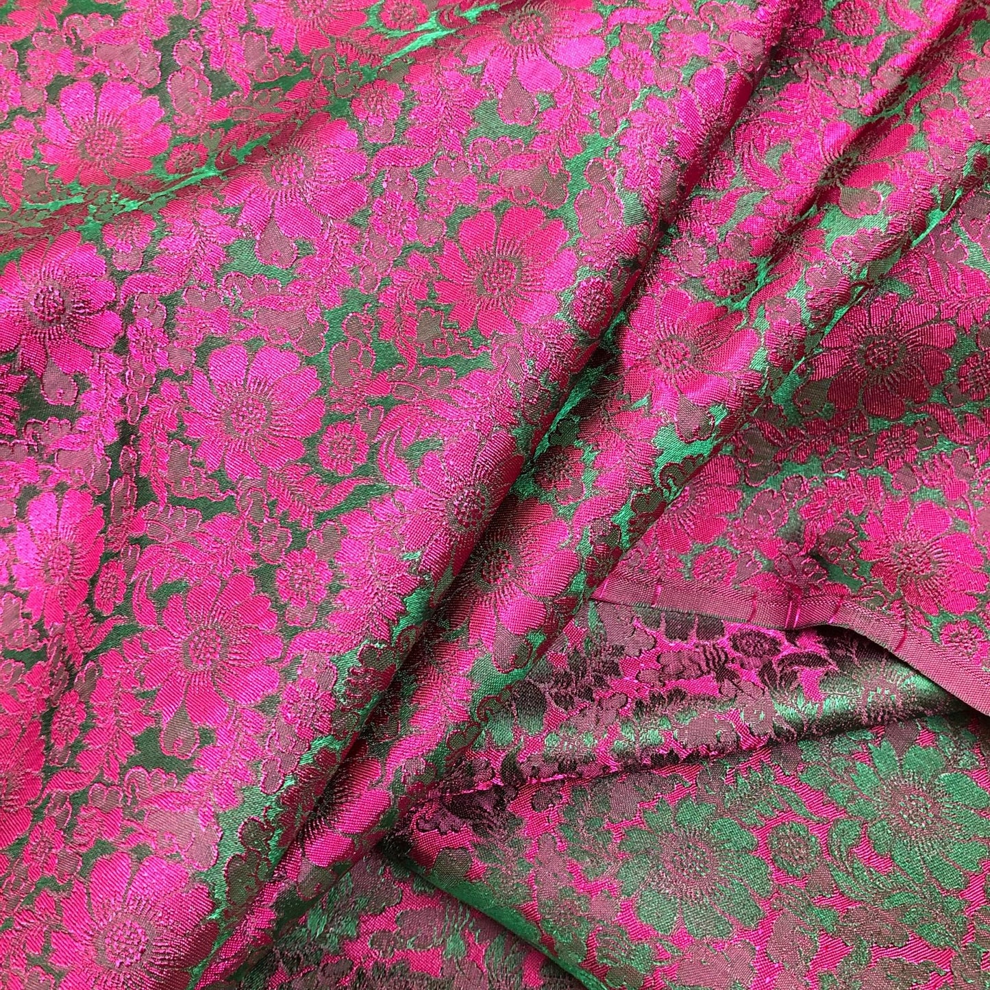 Green silk with Pink Chrysanthemum pattern - Silk for sewing - Handmade silk fabric