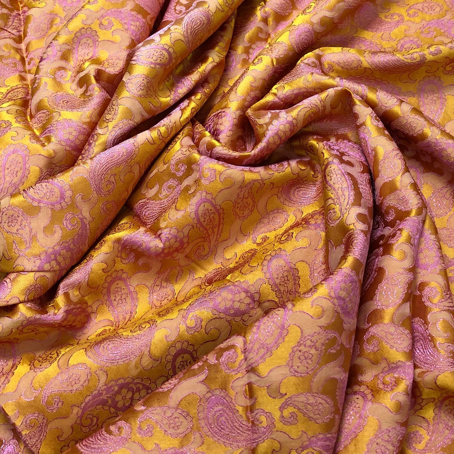 Pink Yellow fabric with mulberry peacock tails pattern, Pure mulberry silk, Handmade fabric, Organic fiber
