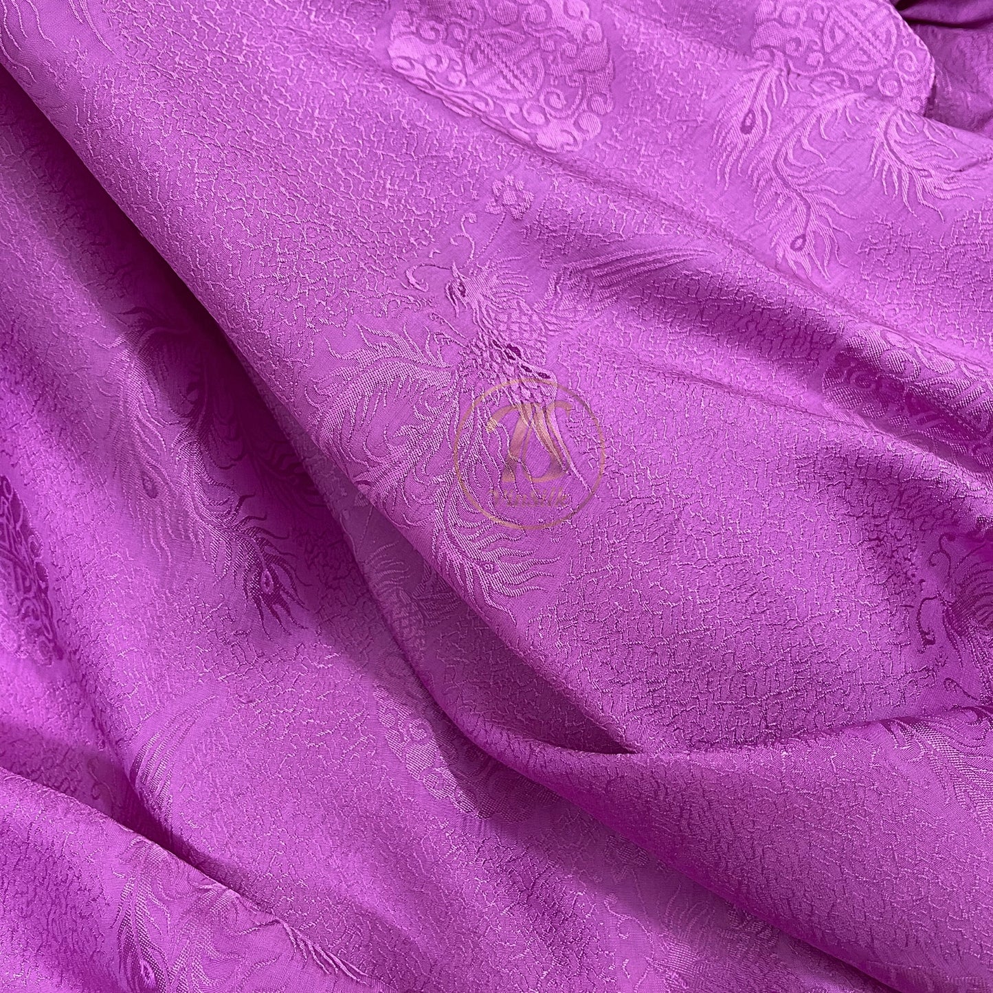 Purple silk fabric with mulberry phoenix pattern, Pure mulberry silk, Handmade fabric, Organic fiber, Vintage textile