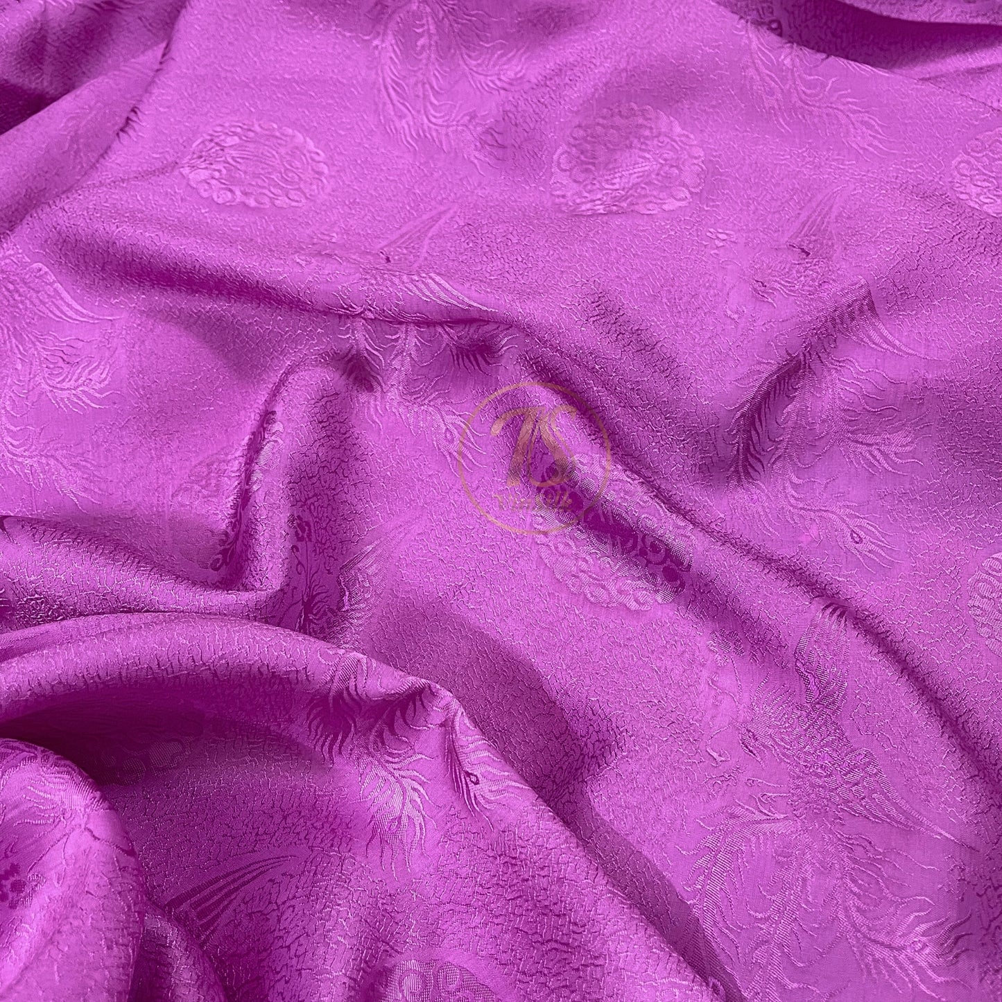 Purple silk fabric with mulberry phoenix pattern, Pure mulberry silk, Handmade fabric, Organic fiber, Vintage textile