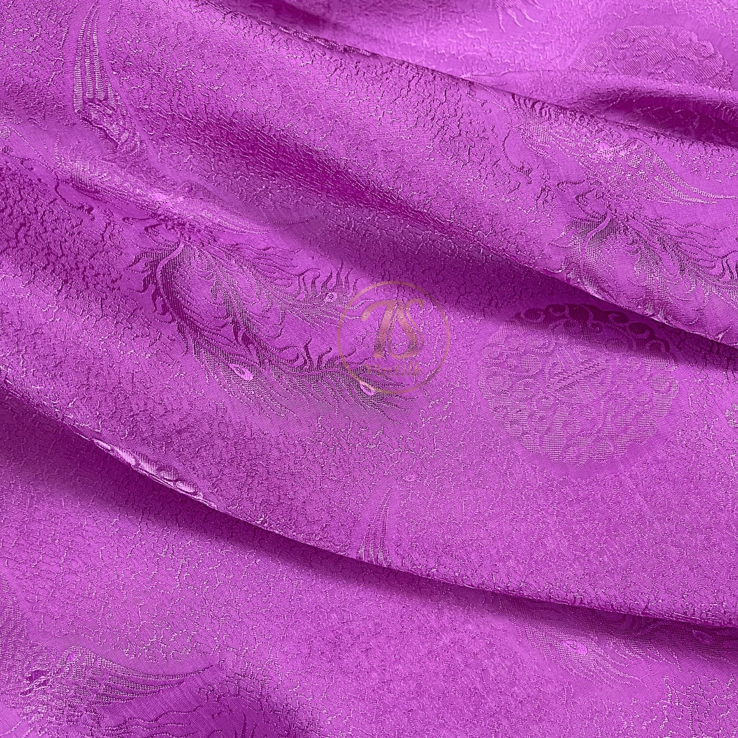 Purple silk fabric with mulberry phoenix pattern, Pure mulberry silk, Handmade fabric, Organic fiber, Vintage textile