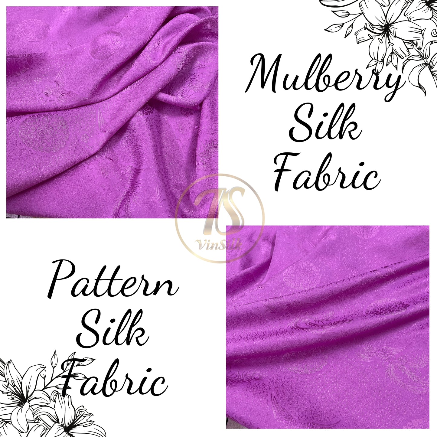 Purple silk fabric with mulberry phoenix pattern, Pure mulberry silk, Handmade fabric, Organic fiber, Vintage textile