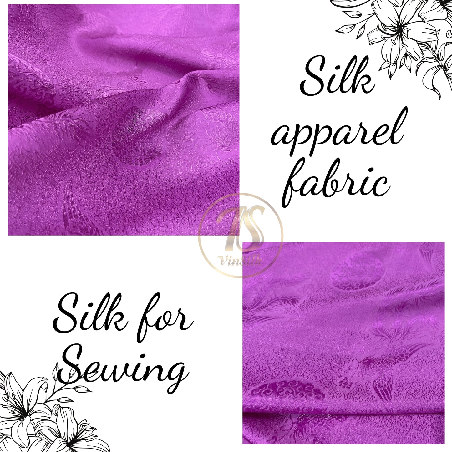 Purple silk fabric with mulberry phoenix pattern, Pure mulberry silk, Handmade fabric, Organic fiber, Vintage textile