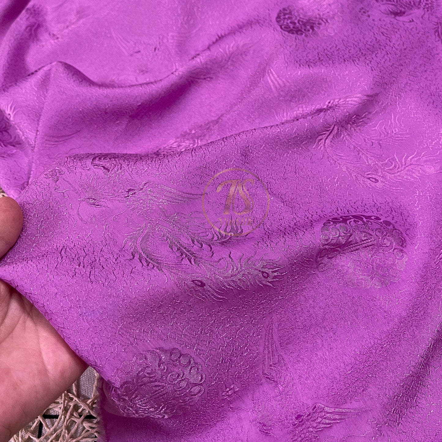 Purple silk fabric with mulberry phoenix pattern, Pure mulberry silk, Handmade fabric, Organic fiber, Vintage textile