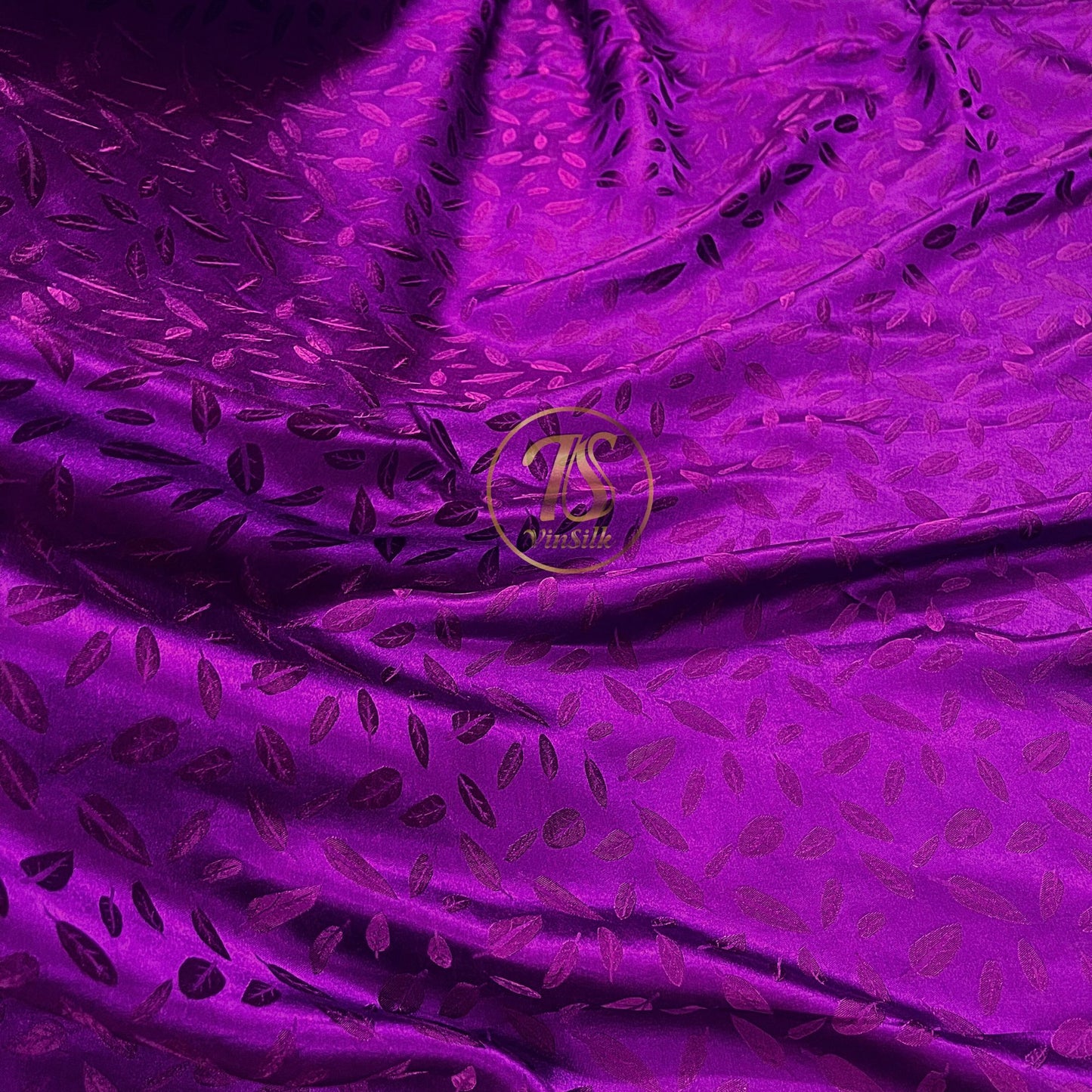 Purple silk with pink leaf pattern fabric, Pure mulberry silk, Handmade fabric, Organic fiber, Vintage textile, Dress making, Gift for women, Silk dress