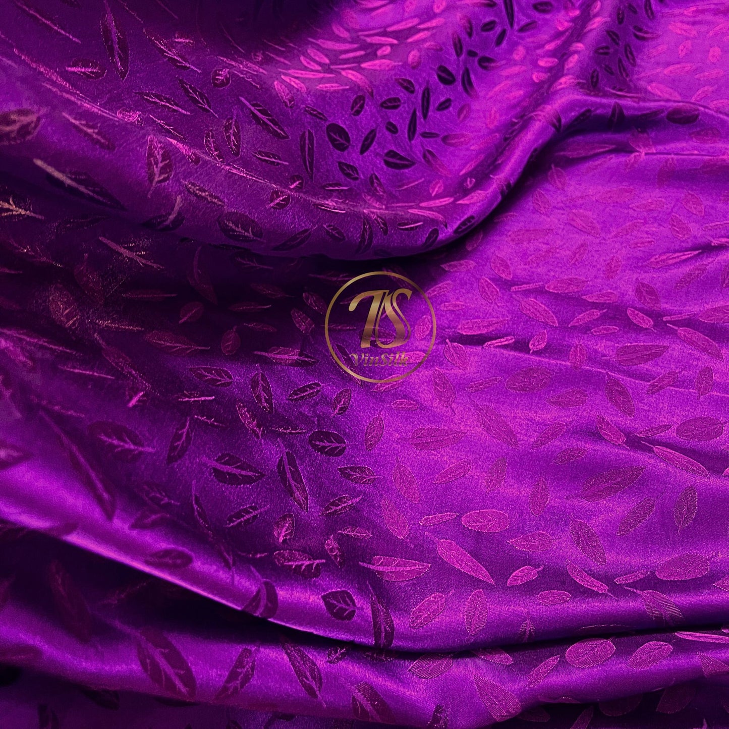 Purple silk with pink leaf pattern fabric, Pure mulberry silk, Handmade fabric, Organic fiber, Vintage textile, Dress making, Gift for women, Silk dress