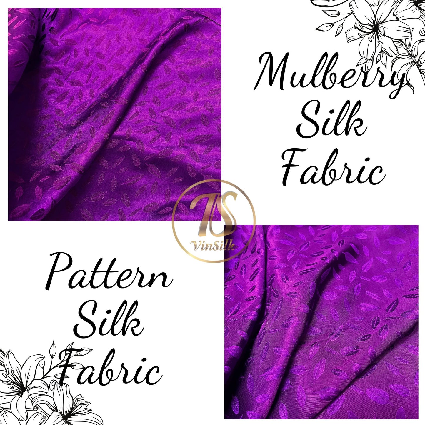 Purple silk with pink leaf pattern fabric, Pure mulberry silk, Handmade fabric, Organic fiber, Vintage textile, Dress making, Gift for women, Silk dress