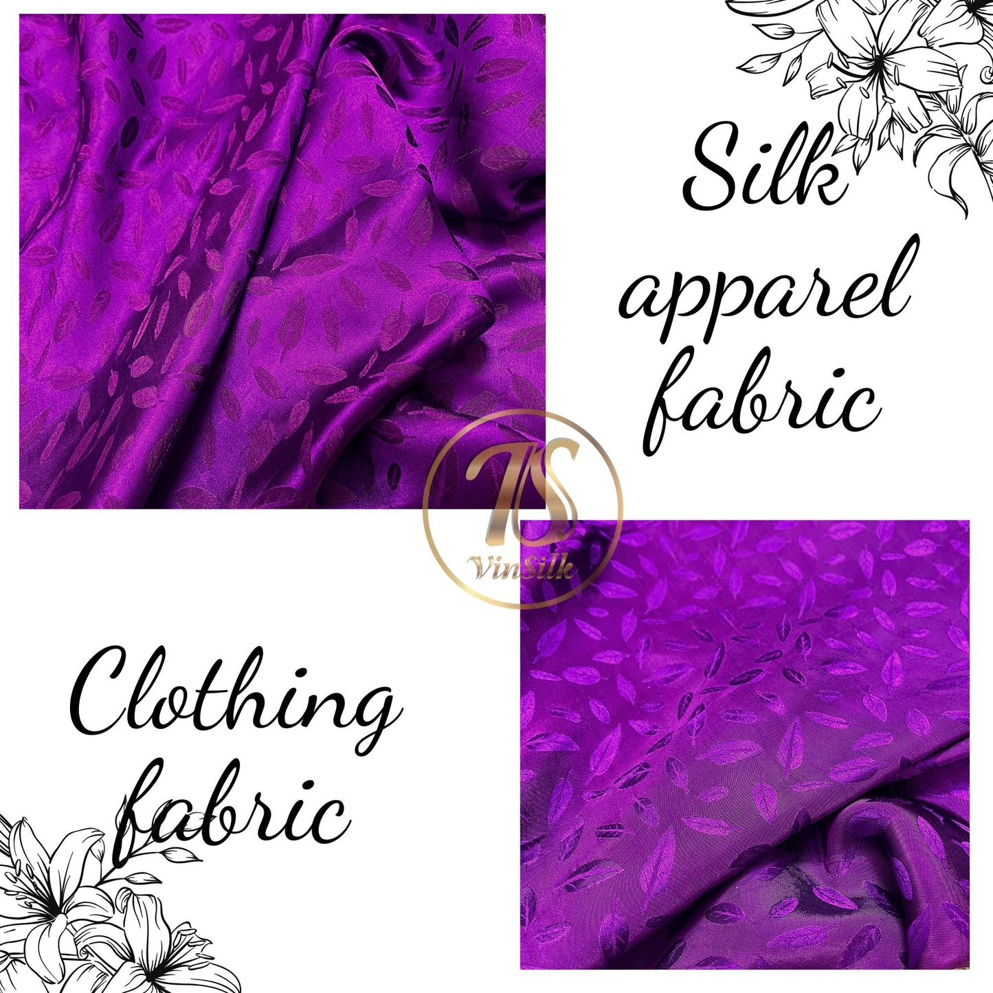 Purple silk with pink leaf pattern fabric, Pure mulberry silk, Handmade fabric, Organic fiber, Vintage textile, Dress making, Gift for women, Silk dress