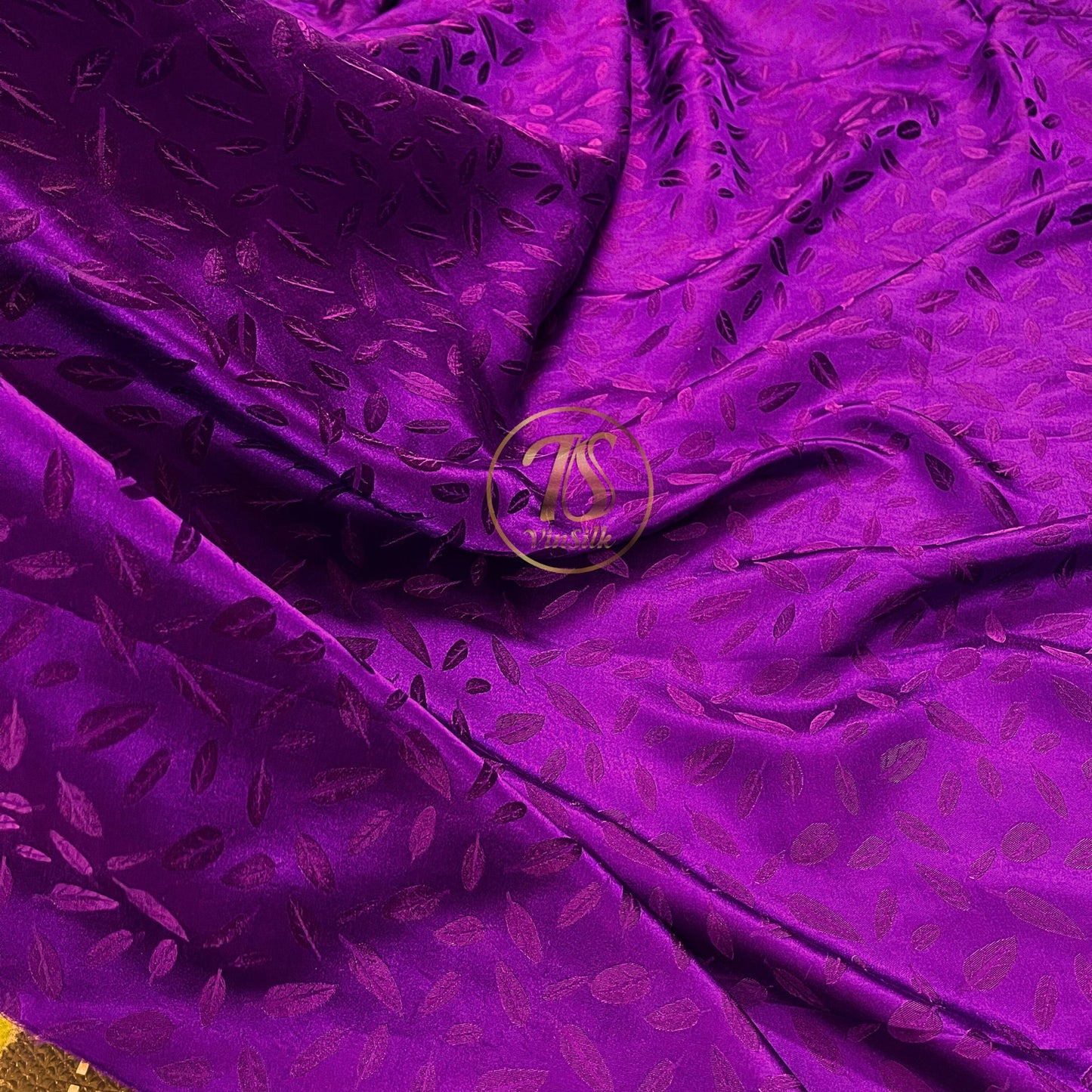Purple silk with pink leaf pattern fabric, Pure mulberry silk, Handmade fabric, Organic fiber, Vintage textile, Dress making, Gift for women, Silk dress