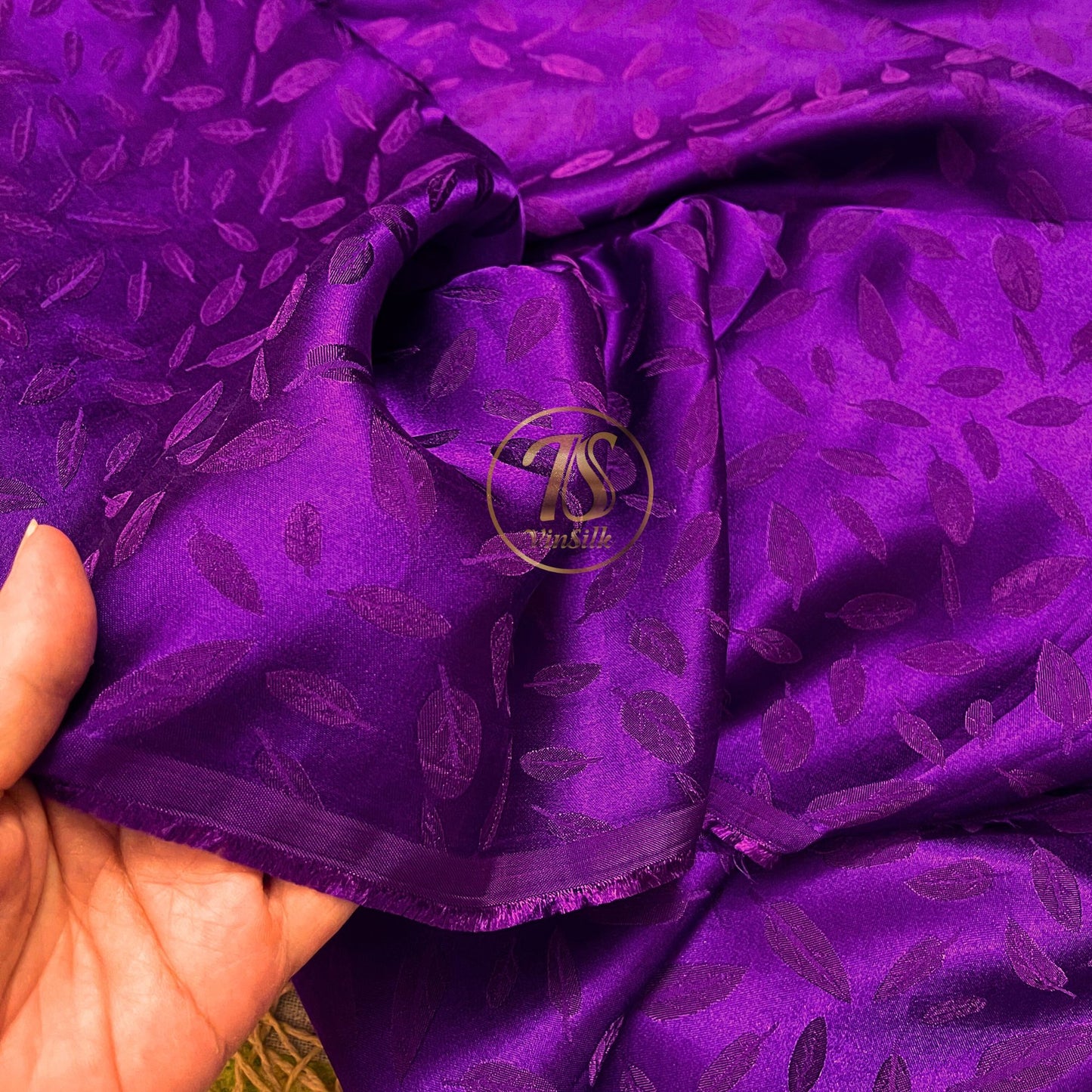 Purple silk with pink leaf pattern fabric, Pure mulberry silk, Handmade fabric, Organic fiber, Vintage textile, Dress making, Gift for women, Silk dress
