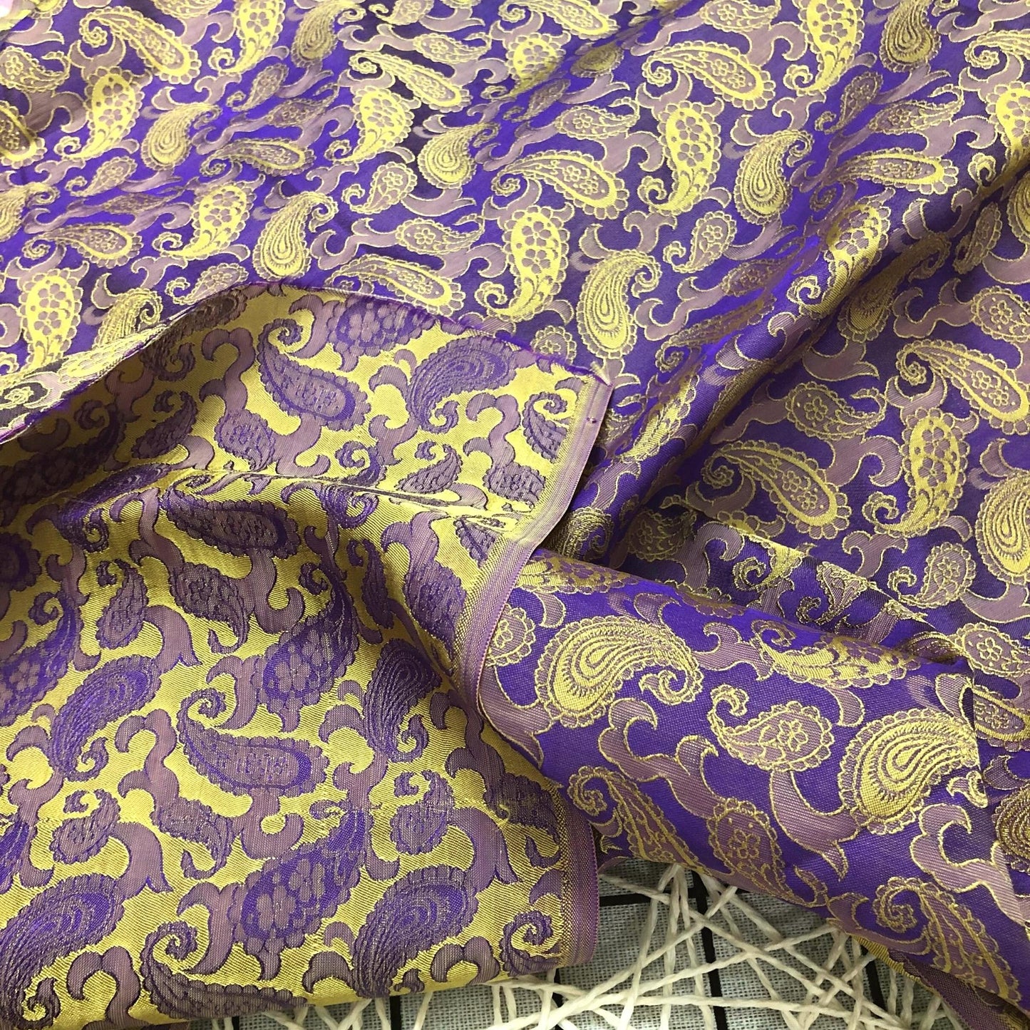Purple Yellow fabric with mulberry peacock tails pattern, Pure mulberry silk, Handmade fabric, Organic fiber