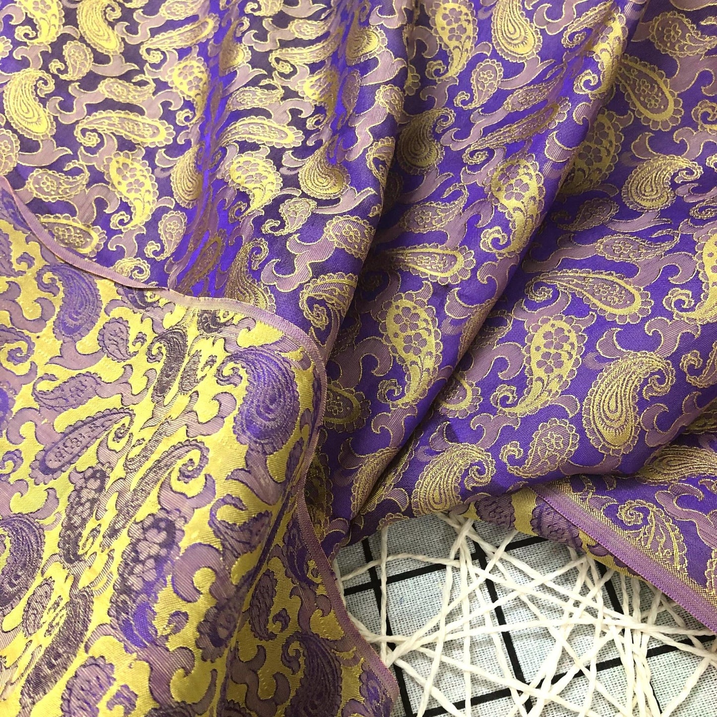 Purple Yellow fabric with mulberry peacock tails pattern, Pure mulberry silk, Handmade fabric, Organic fiber