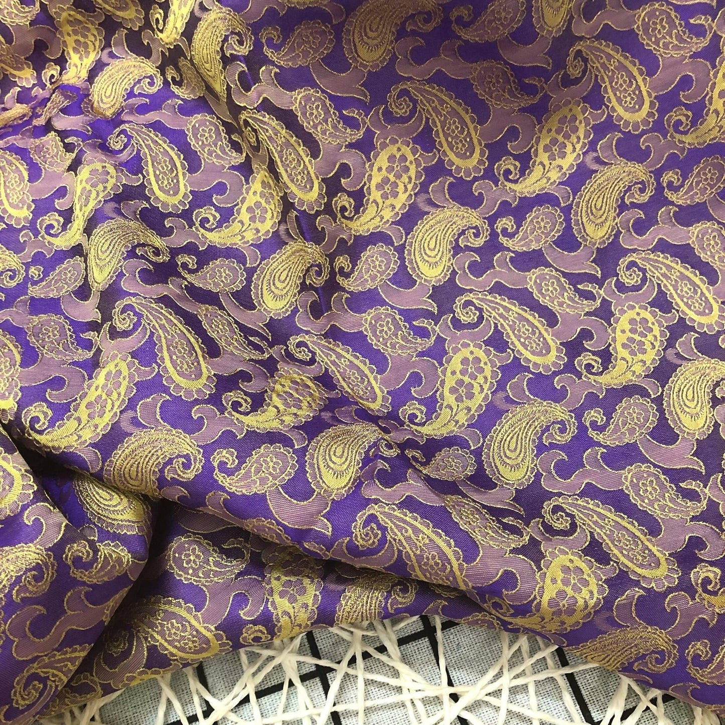 Purple Yellow fabric with mulberry peacock tails pattern, Pure mulberry silk, Handmade fabric, Organic fiber