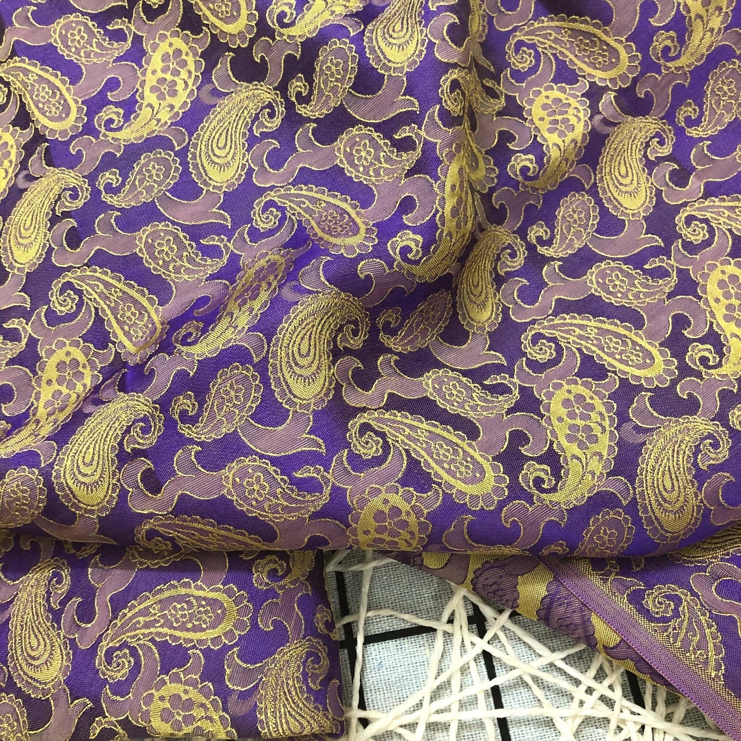 Purple Yellow fabric with mulberry peacock tails pattern, Pure mulberry silk, Handmade fabric, Organic fiber