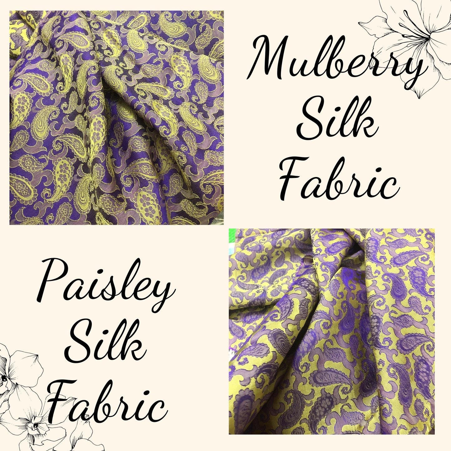 Purple Yellow fabric with mulberry peacock tails pattern, Pure mulberry silk, Handmade fabric, Organic fiber