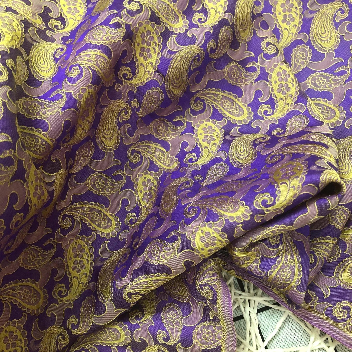 Purple Yellow fabric with mulberry peacock tails pattern, Pure mulberry silk, Handmade fabric, Organic fiber