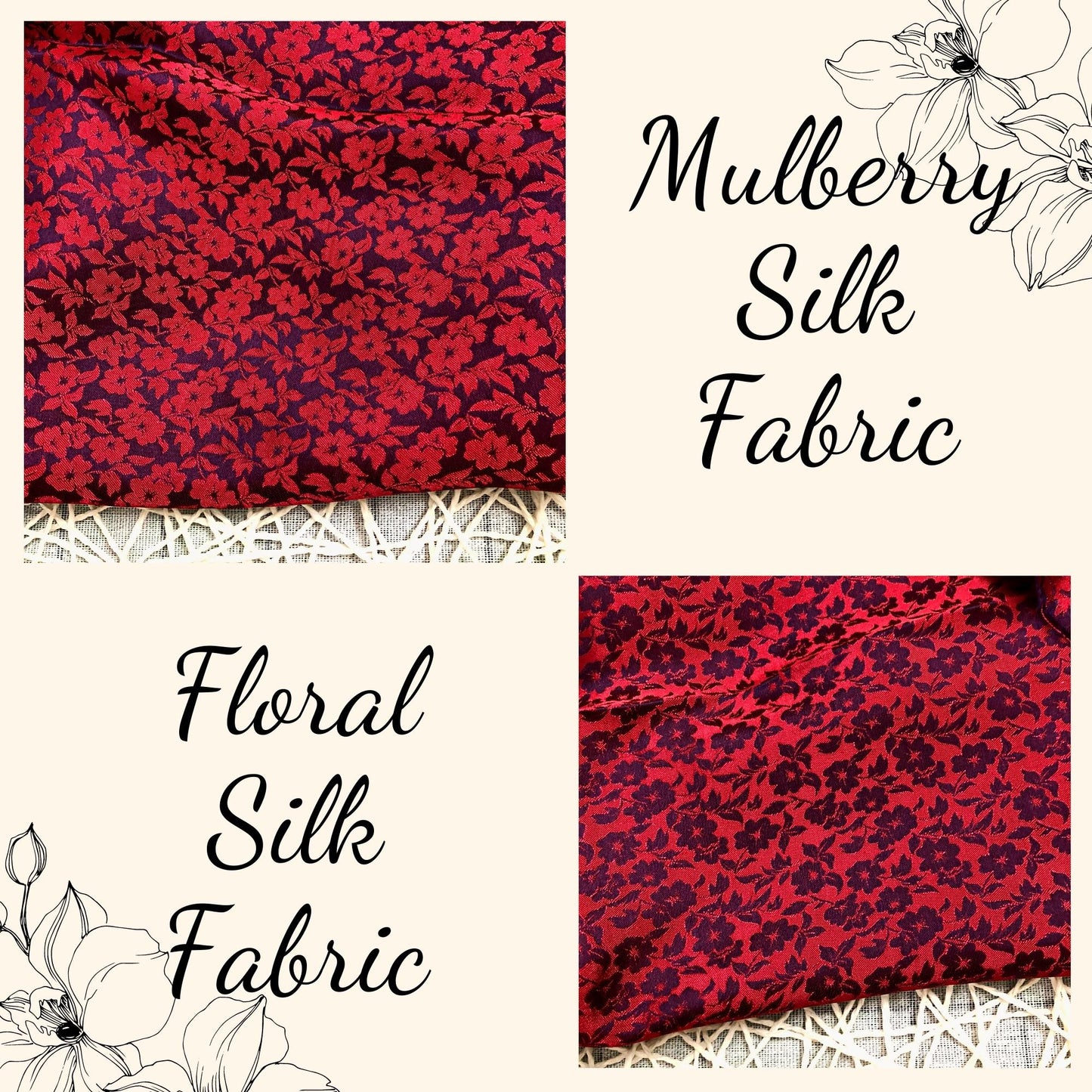 PURE MULBERRY SILK fabric by the yard - Red floral silk fabric - Handmade fabric ā Dress making ā Silk for sewing - Silk apparel fabric