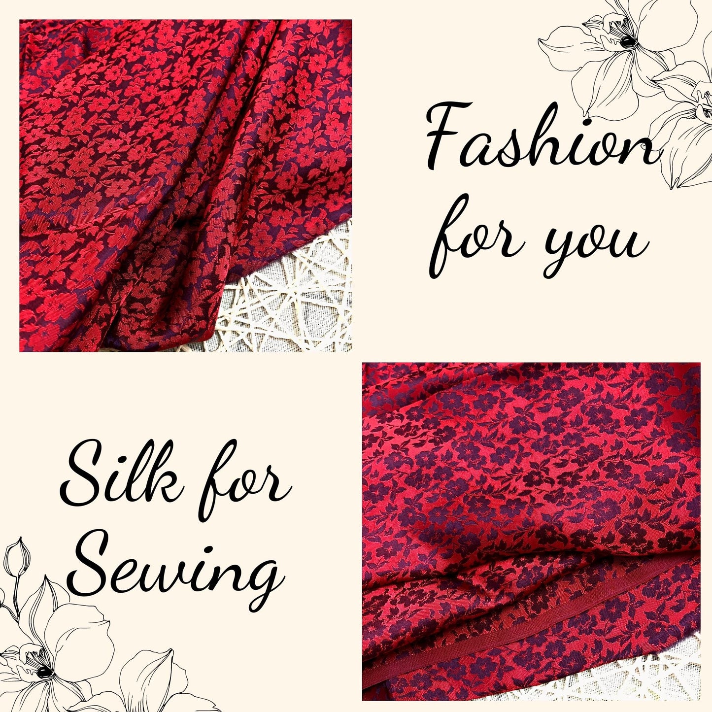 PURE MULBERRY SILK fabric by the yard - Red floral silk fabric - Handmade fabric ā Dress making ā Silk for sewing - Silk apparel fabric