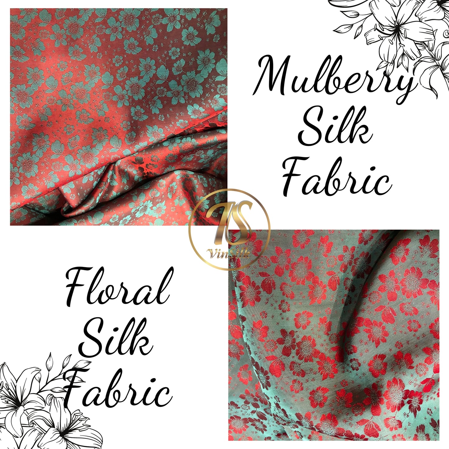 PURE MULBERRY SILK fabric by the yard - Red silk with gray floral pattern - Handmade fabric ā Dress making ā Silk for sewing - Gift for women
