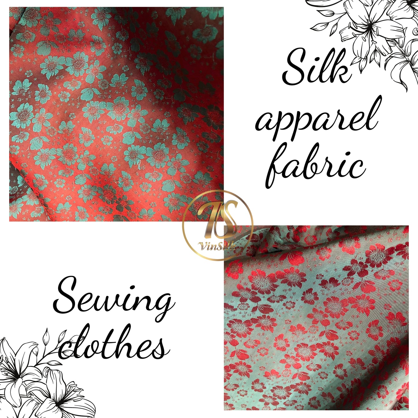 PURE MULBERRY SILK fabric by the yard - Red silk with gray floral pattern - Handmade fabric ā Dress making ā Silk for sewing - Gift for women
