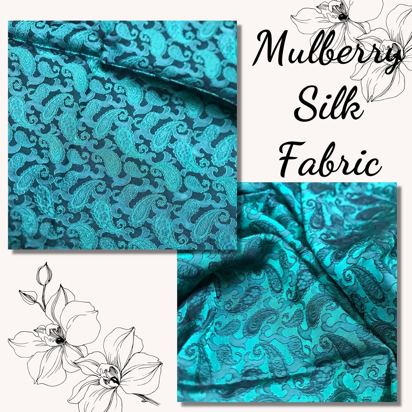 Sky blue fabric with mulberry peacock tails pattern, Pure mulberry silk, Handmade fabric, Organic fiber