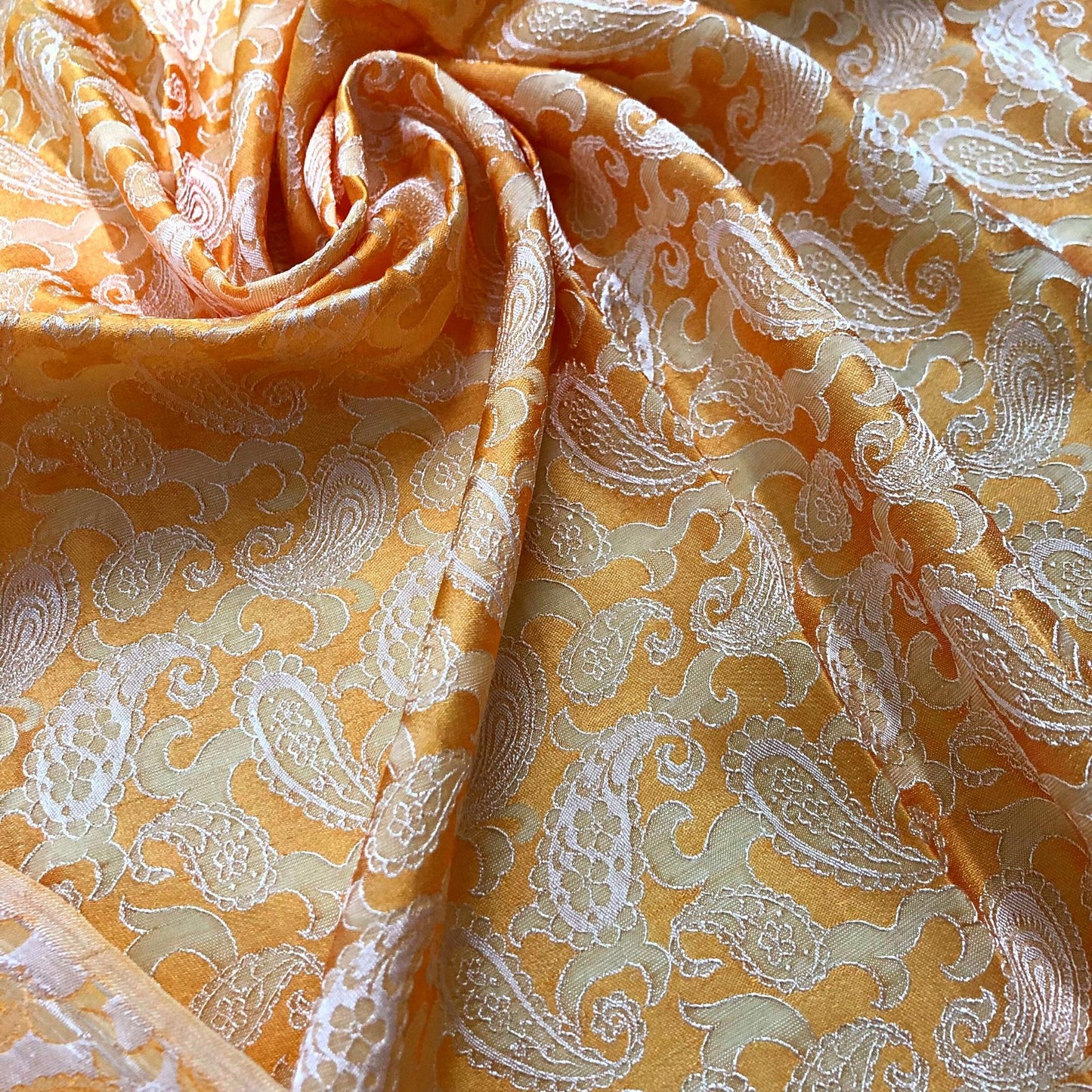 Yellow fabric with mulberry peacock tails pattern, Pure mulberry silk, Handmade fabric, Organic fiber