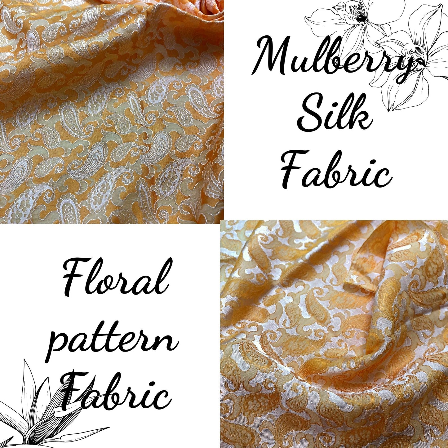 Yellow fabric with mulberry peacock tails pattern, Pure mulberry silk, Handmade fabric, Organic fiber